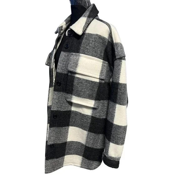 Abercrombie & fitch Oversized Jacket Women M Black White Buffalo Plaid Shacket - Picture 3 of 9